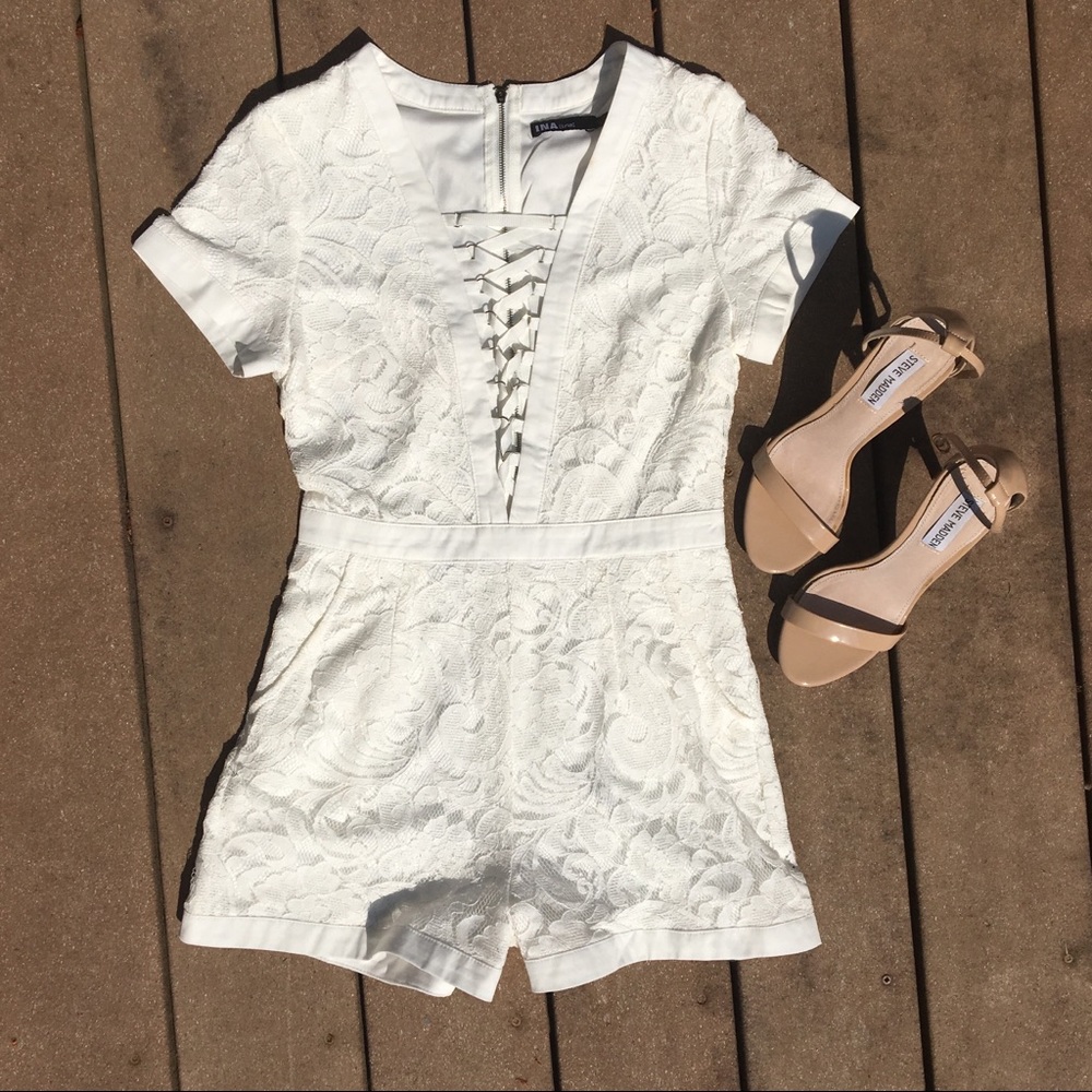 White lace up romper